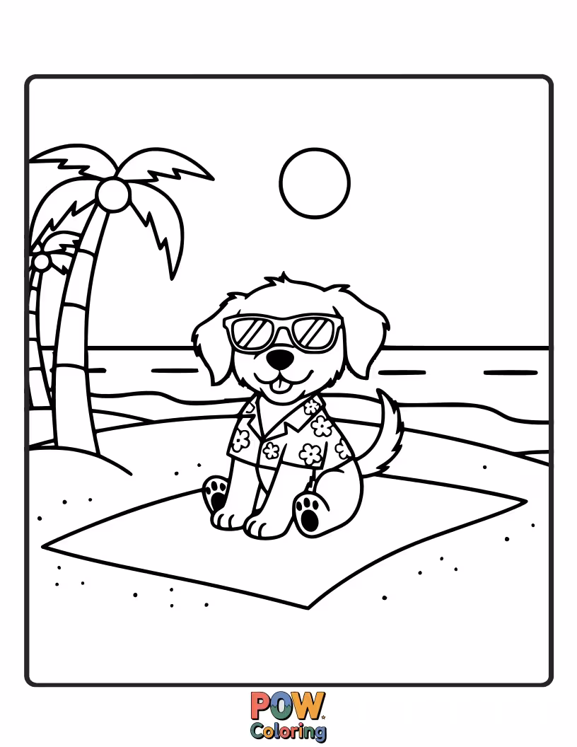 Free coloring page of Funny puppy wearing sunglasses, digging a hole on a sandy beach.