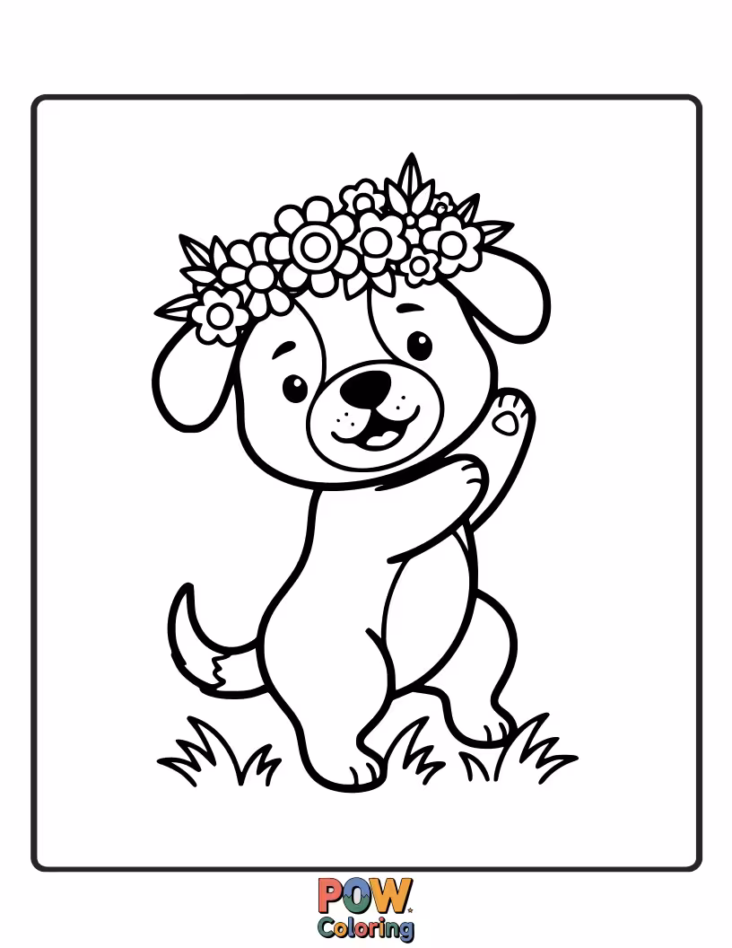 Free coloring page of Adorable puppy wearing a delicate flower crown in a field.