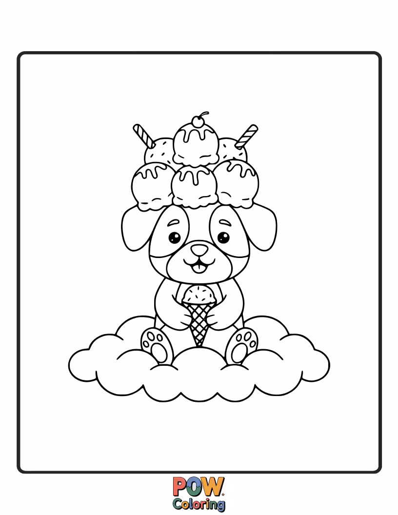 Free coloring page of Funny puppy with a messy face eating a huge ice cream cone.