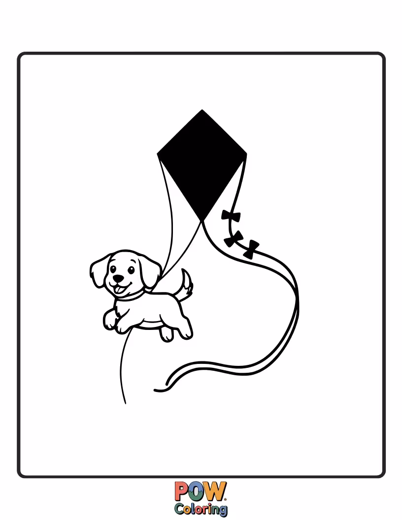 Free coloring page of Happy puppy running and flying a bright kite in a meadow.