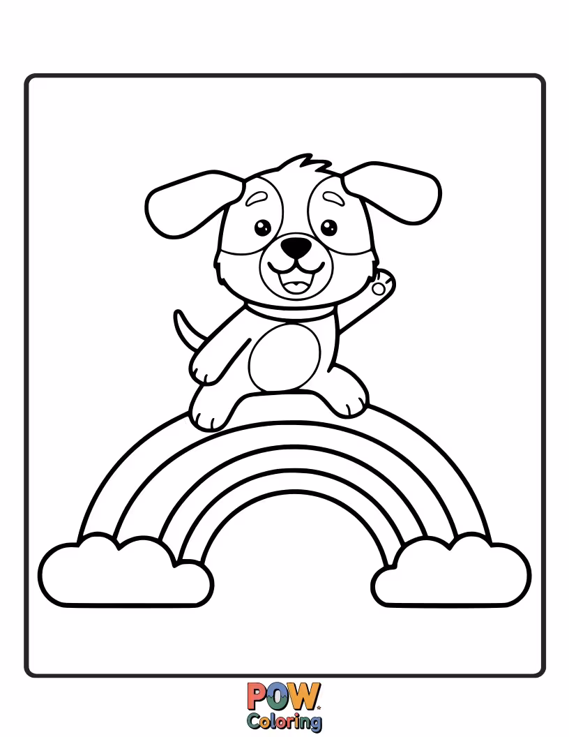 Free coloring page of Happy puppy with ears flowing, riding a vibrant rainbow through the sky.