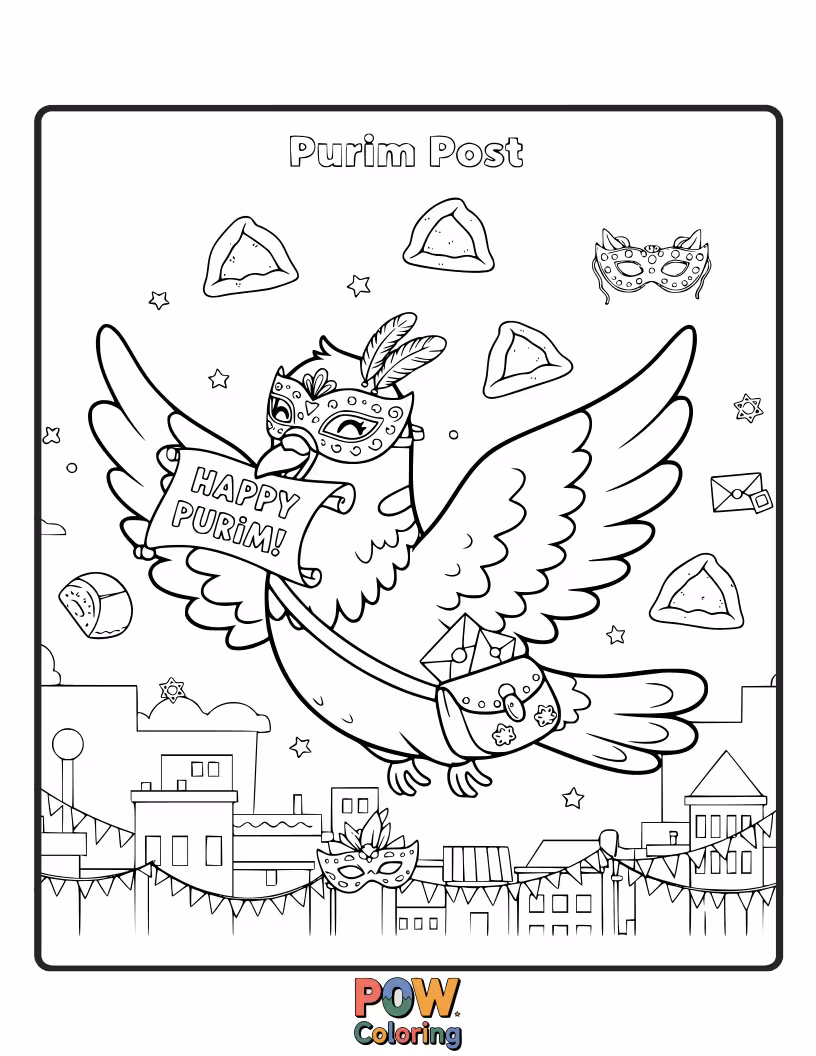 Free coloring page of A pigeon wearing a tiny royal cape is delivering a special Purim greeting card, soaring through the sky.
