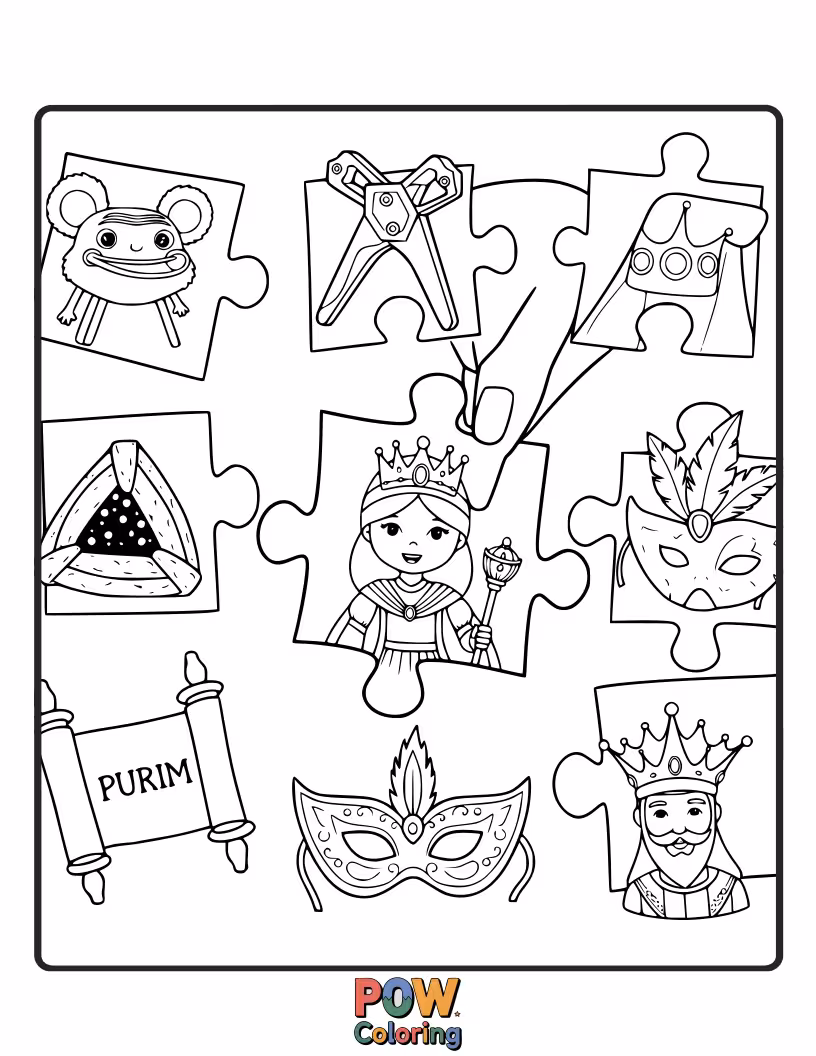 Free coloring page of A jigsaw puzzle of a vibrant Purim scene is partially assembled, with cheerful characters peeking out from the pieces.