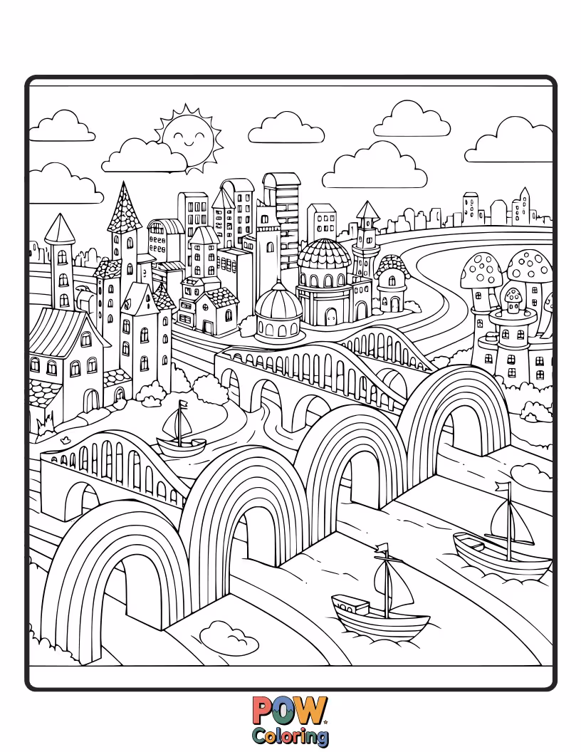 Free coloring page of A city with buildings lining a vibrant, multi-colored river and charming rainbow bridges. A cheerful, colorful water town.