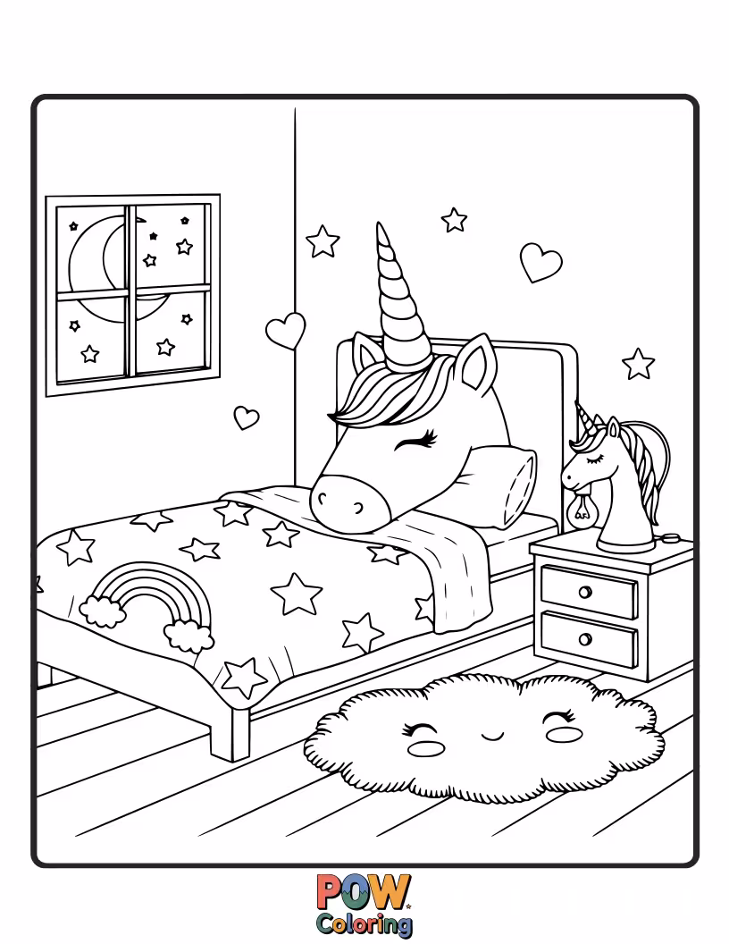 Free coloring page of Sparkly horns, rainbow mane accents, and fluffy clouds transform this room into a magical wonderland.