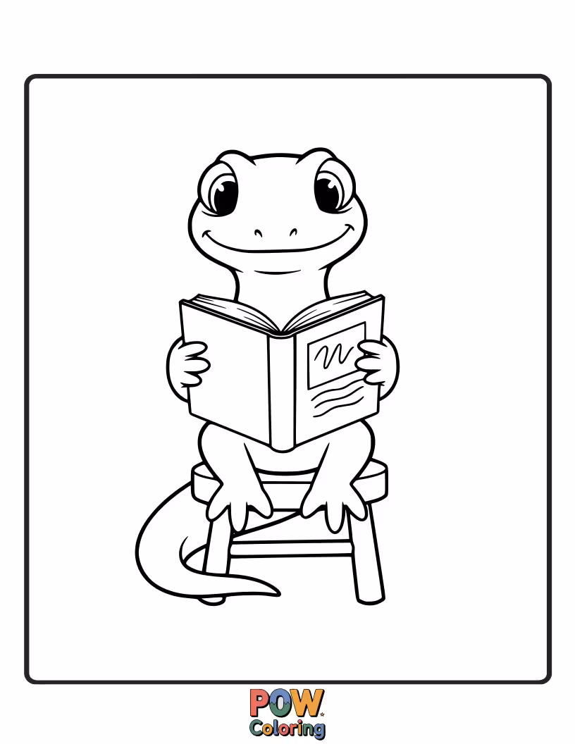 Free coloring page of This studious lizard is wearing glasses and engrossed in a book, with a stack of literary works nearby.