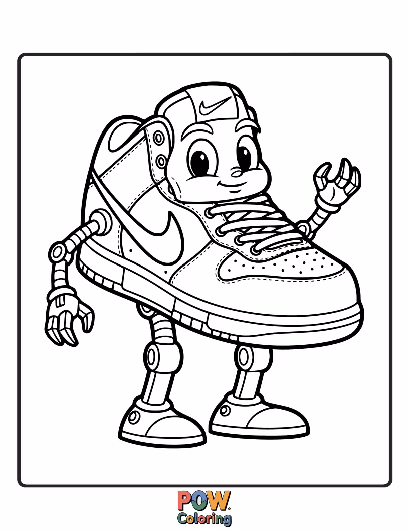 Free coloring page of A friendly, smiling robot wearing a cool Nike shoe, ready for adventure and creative programming.