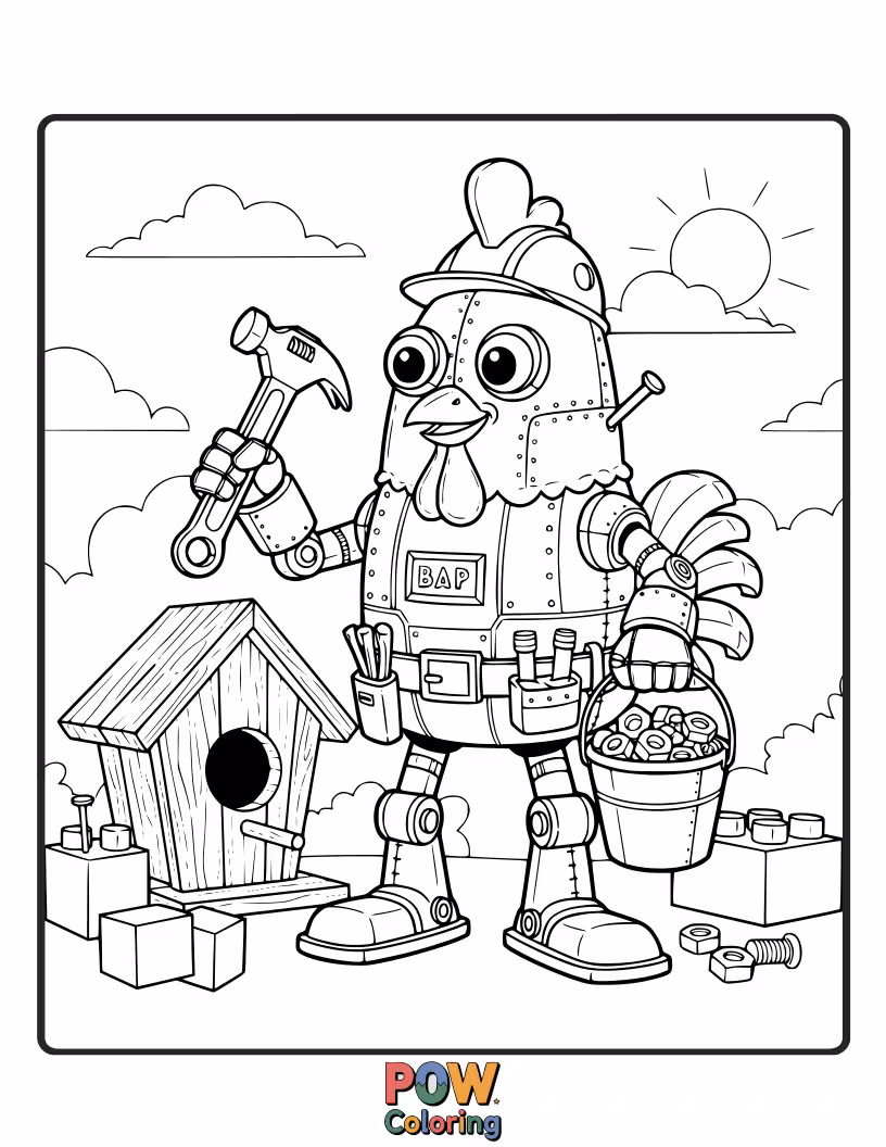 Free coloring page of A futuristic chicken with gears and gadgets, assembling a complex invention. Design a metallic masterpiece with cool tech colors.