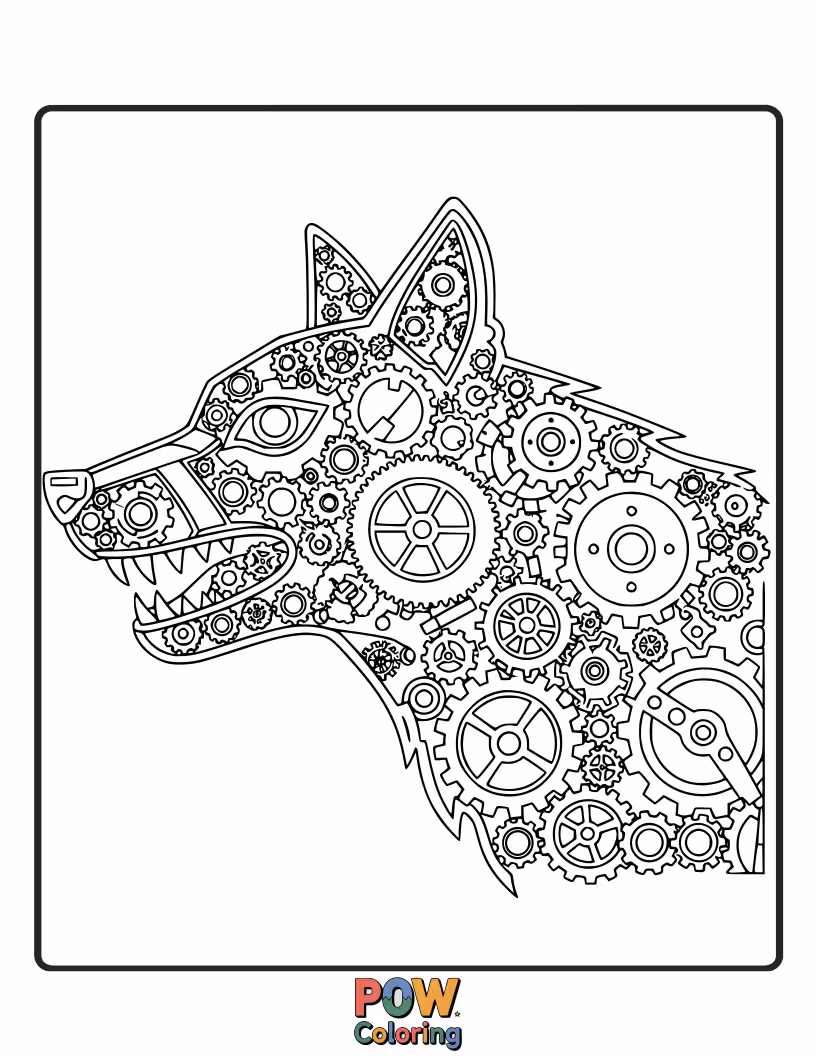 Free coloring page of A cute wolf made of gears and bolts, with a friendly, metallic smile.