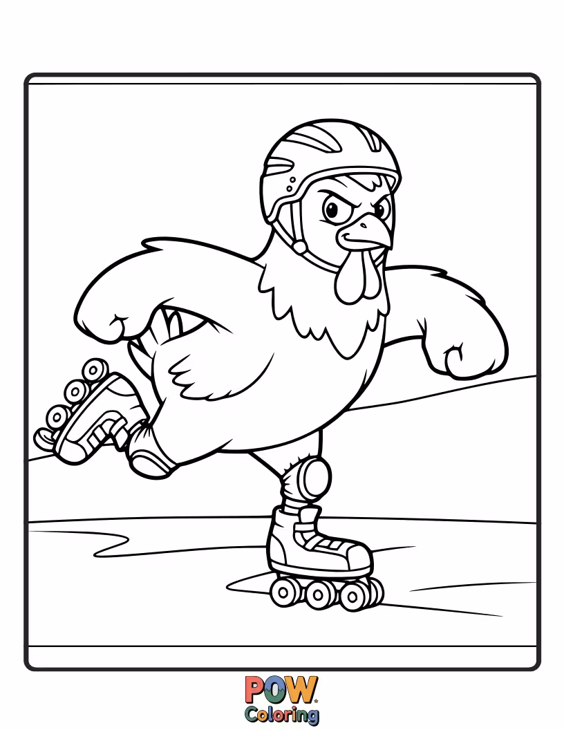 Free coloring page of A cool chicken effortlessly gliding on roller skates, wind in its feathers. Add speed and style with dynamic colors.