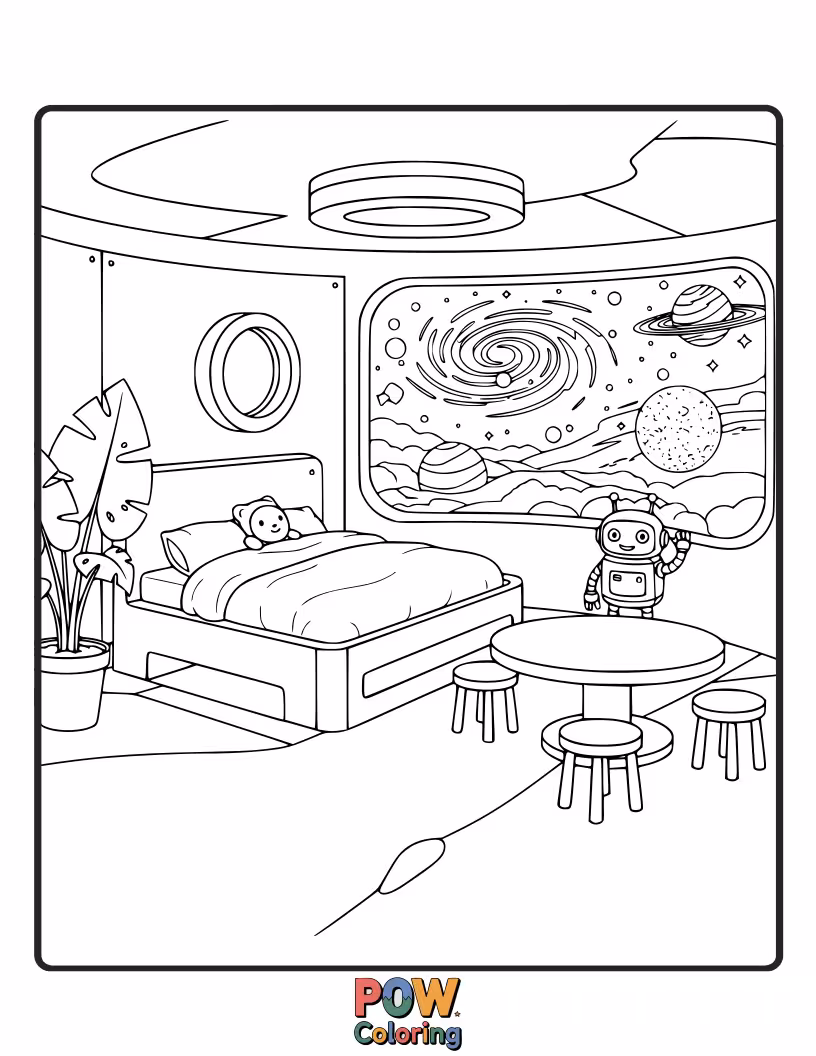 Free coloring page of Futuristic gadgets, glowing screens, and a sleek design create an out-of-this-world relaxation zone.