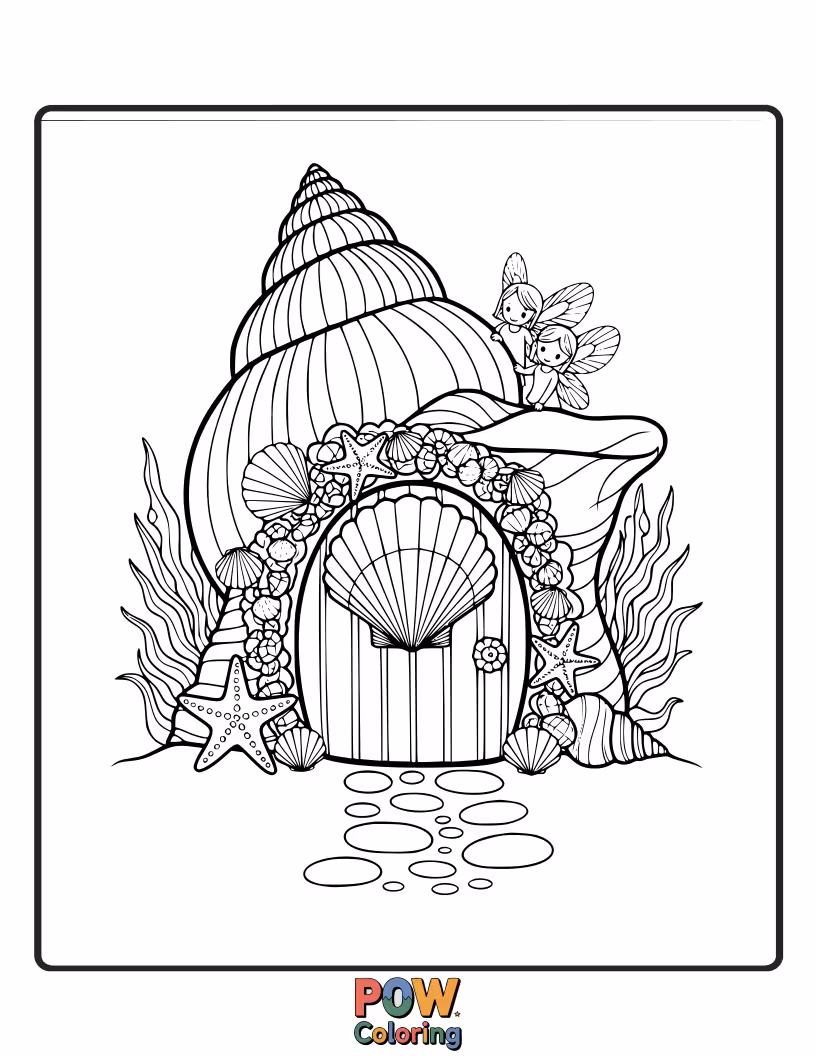 Free coloring page of A tiny, enchanted doorway set within a seashell, leading to a secret fairy world to color.