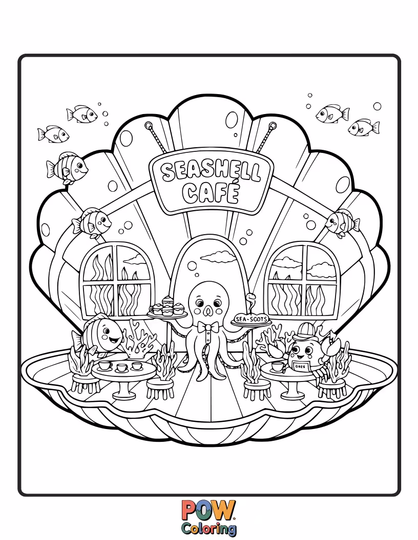Free coloring page of A charming cafe setting inside a large seashell, with tables and tiny sea creature patrons.