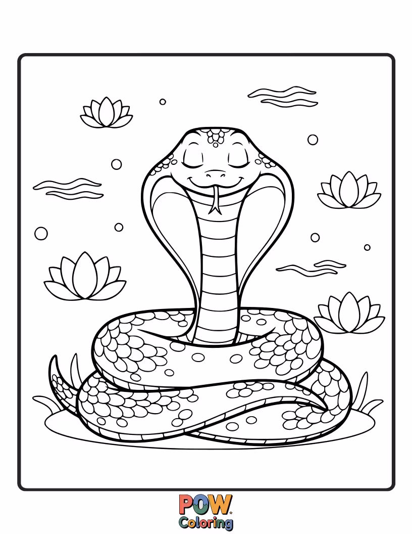 Free coloring page of A serene snake meditating peacefully under a gentle water, surrounded by lotus flowers.