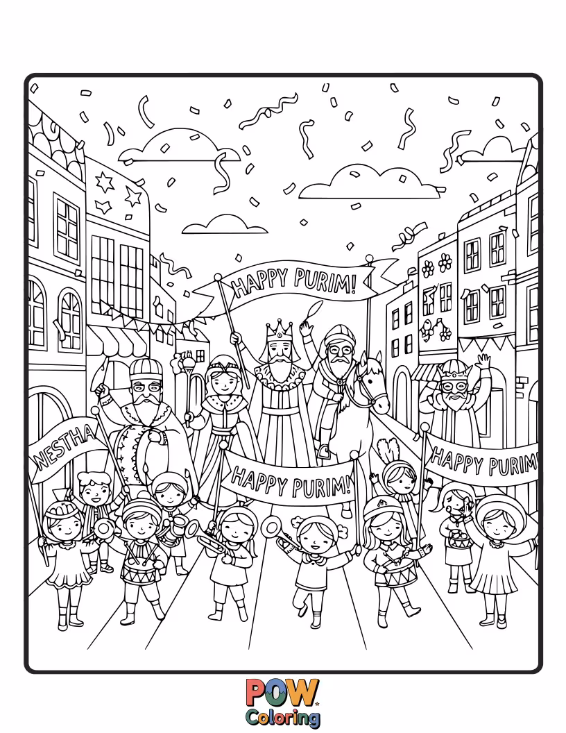 Free coloring page of A lively street scene in Shushan filled with people in costumes, music, and overflowing baskets of treats. A grand celebration!