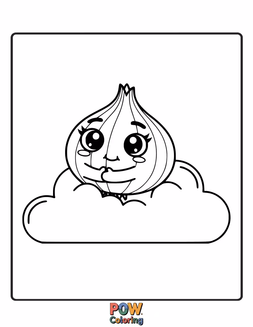 Free coloring page of A sweet onion with teary but friendly eyes offering a gentle hug to a tiny ladybug friend.