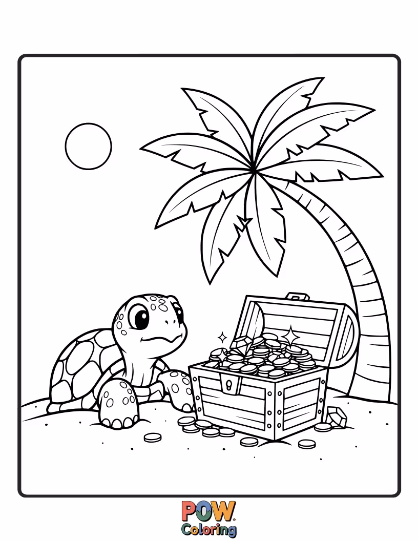 Free coloring page of A shy turtle peeking out of its shell, guarding a sparkling hidden treasure.