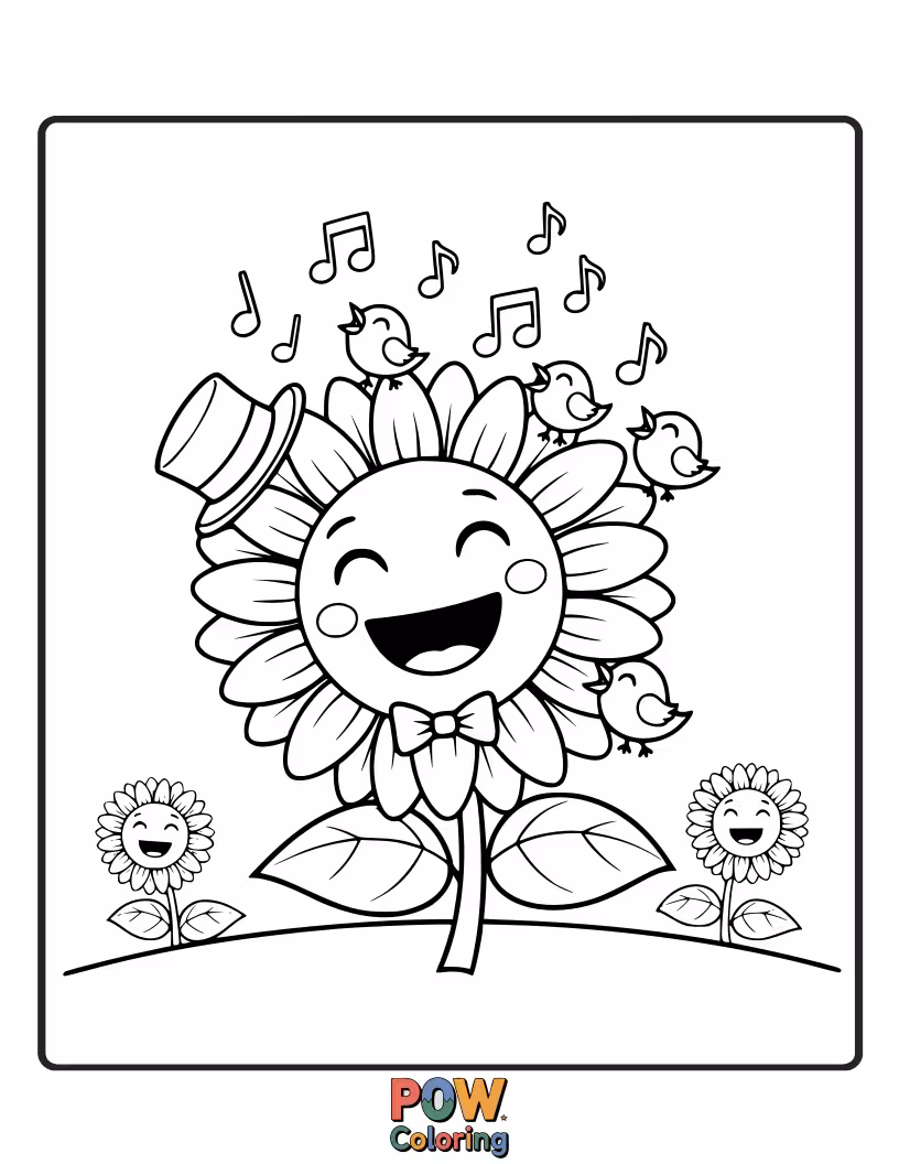 Free coloring page of A sunflower with a happy face singing its heart out, surrounded by musical notes. Unique, sunny, and wonderfully whimsical.