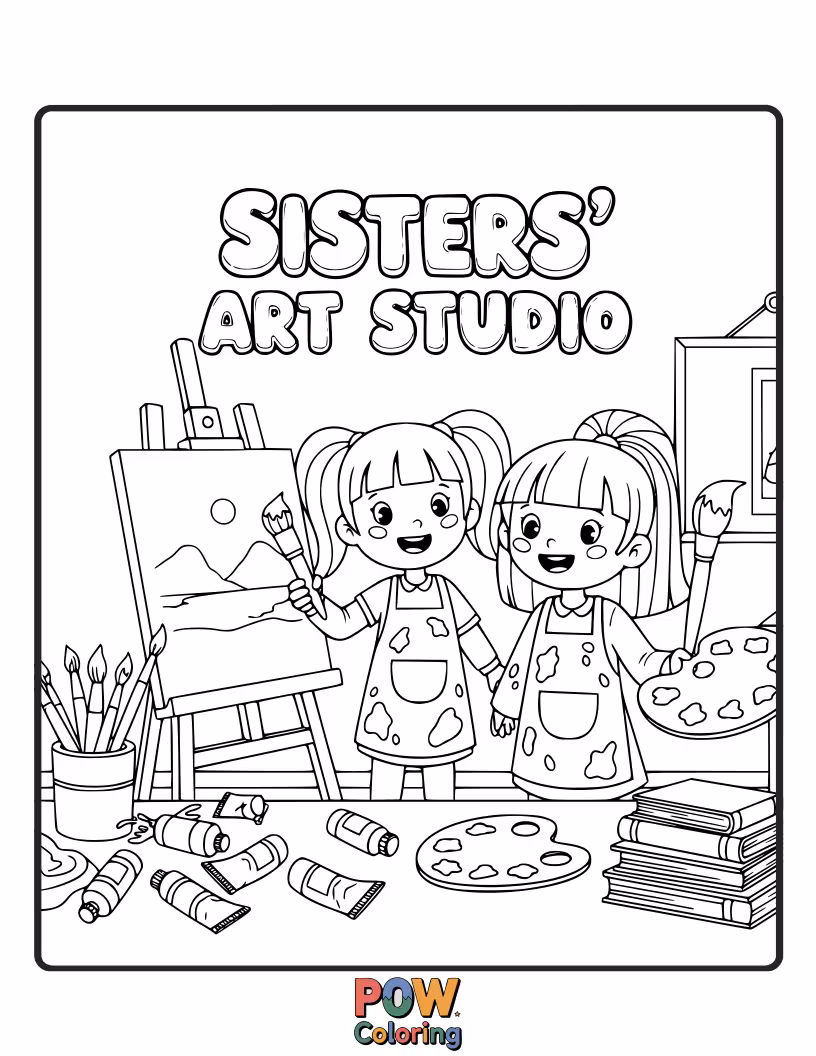 Free coloring page of Two sisters creating masterpieces with paints and brushes, surrounded by their vibrant, colorful artistic creations.