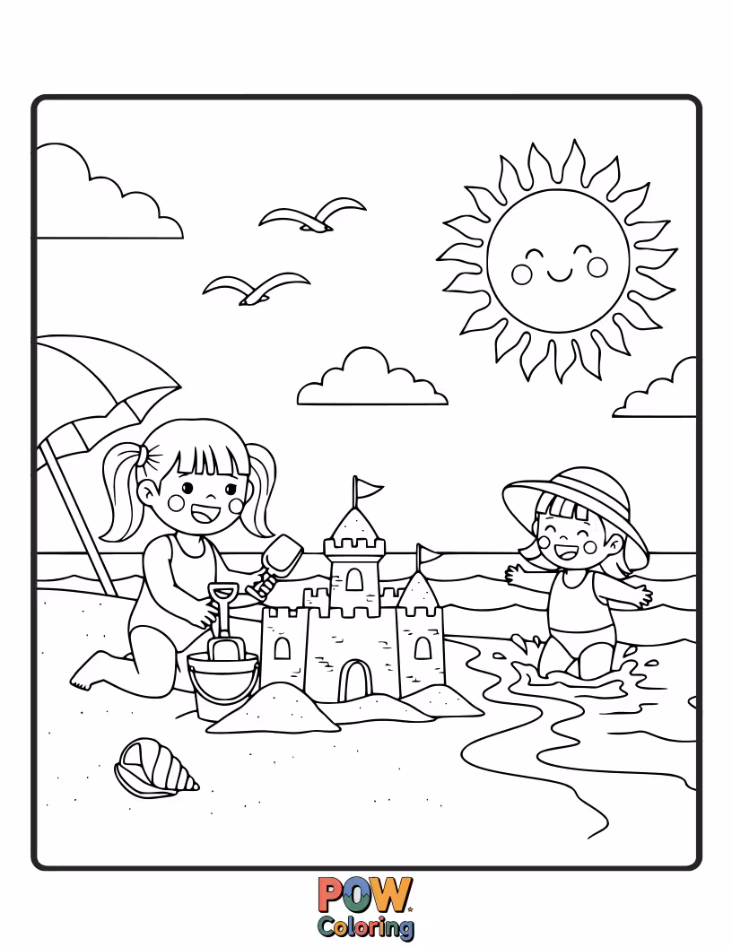 Free coloring page of Sisters building sandcastles and splashing in the waves, enjoying a perfect sunny day at the beach.