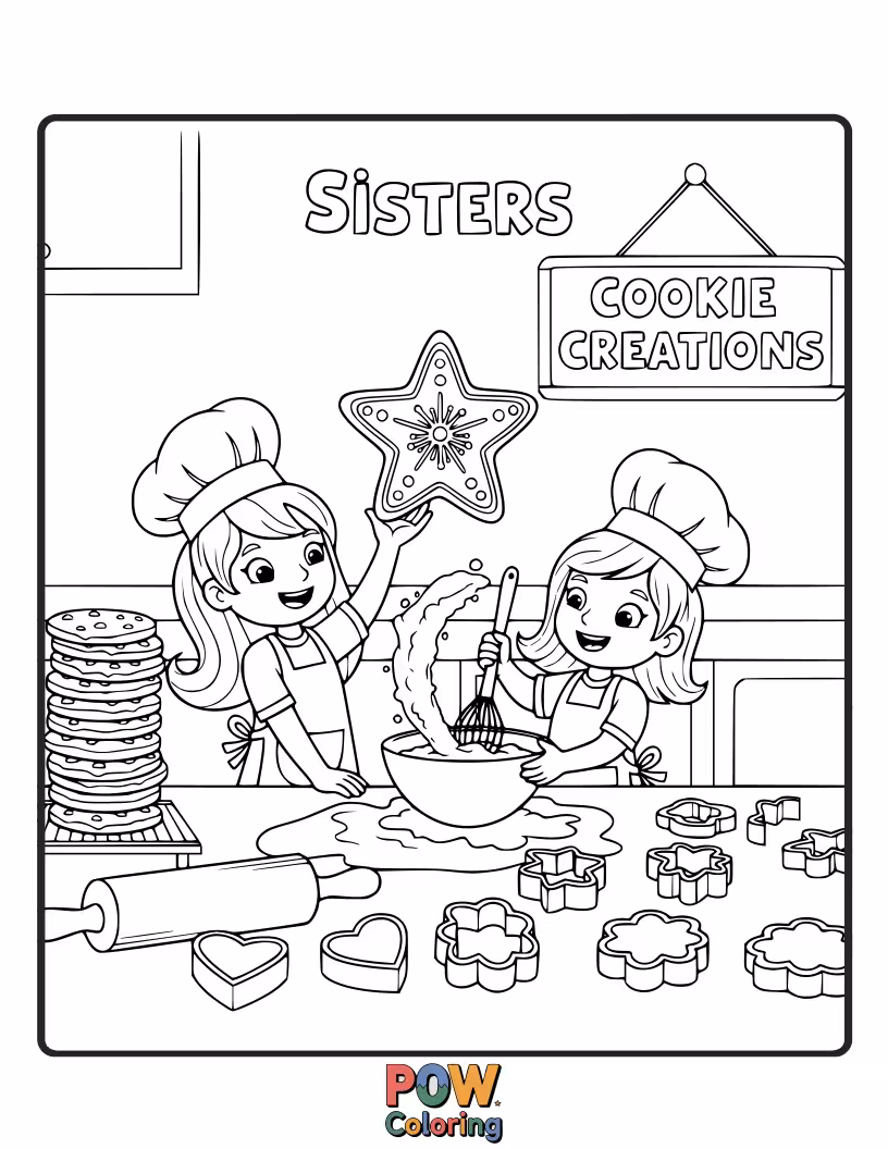 Free coloring page of Sisters decorating a variety of cute and whimsical cookies with colorful icing and fun toppings.