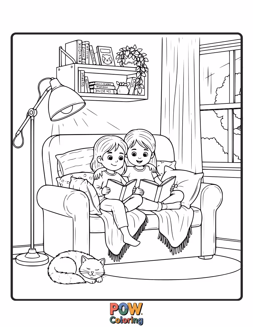 Free coloring page of Two sisters snuggled up in a comfy nook, engrossed in books surrounded by soft cushions and warm light.