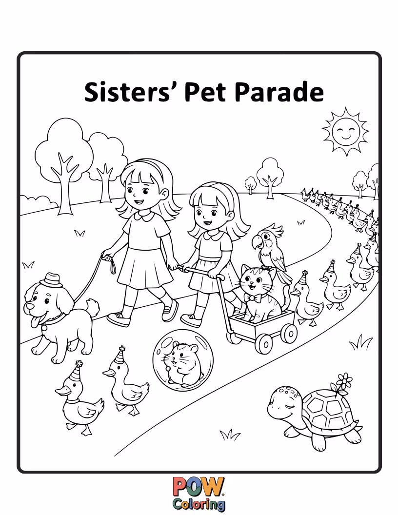 Free coloring page of Sisters proudly showing off their beloved pets in a fun, whimsical parade filled with happy barks and meows.