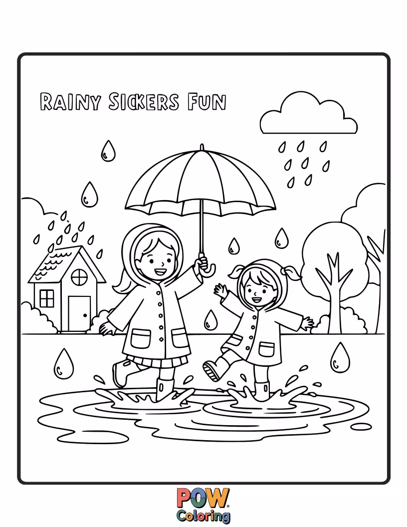 Free coloring page of Sisters splashing in puddles with colorful rain boots and umbrellas, turning a dreary day into an adventure.
