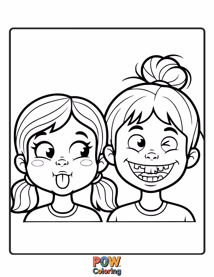 Free coloring page of Two sisters making hilariously funny faces at each other, full of playful mischief and infectious giggles.
