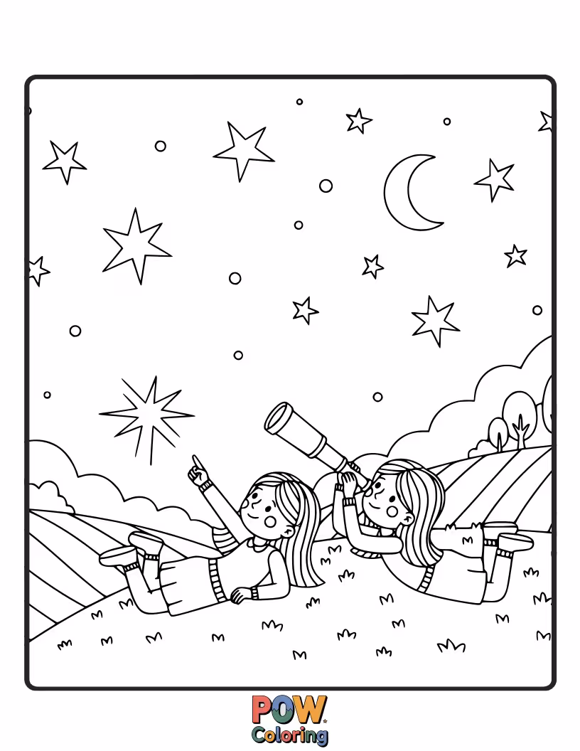Free coloring page of Two sisters lying on the grass, pointing at constellations and dreamy celestial bodies in a starry night sky.