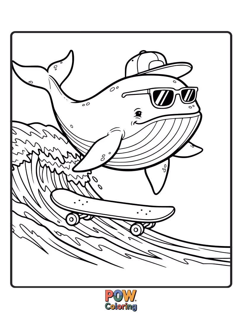 Free coloring page of A cool whale riding a skateboard, performing tricks and leaving a trail of spray in a dynamic ocean scene.