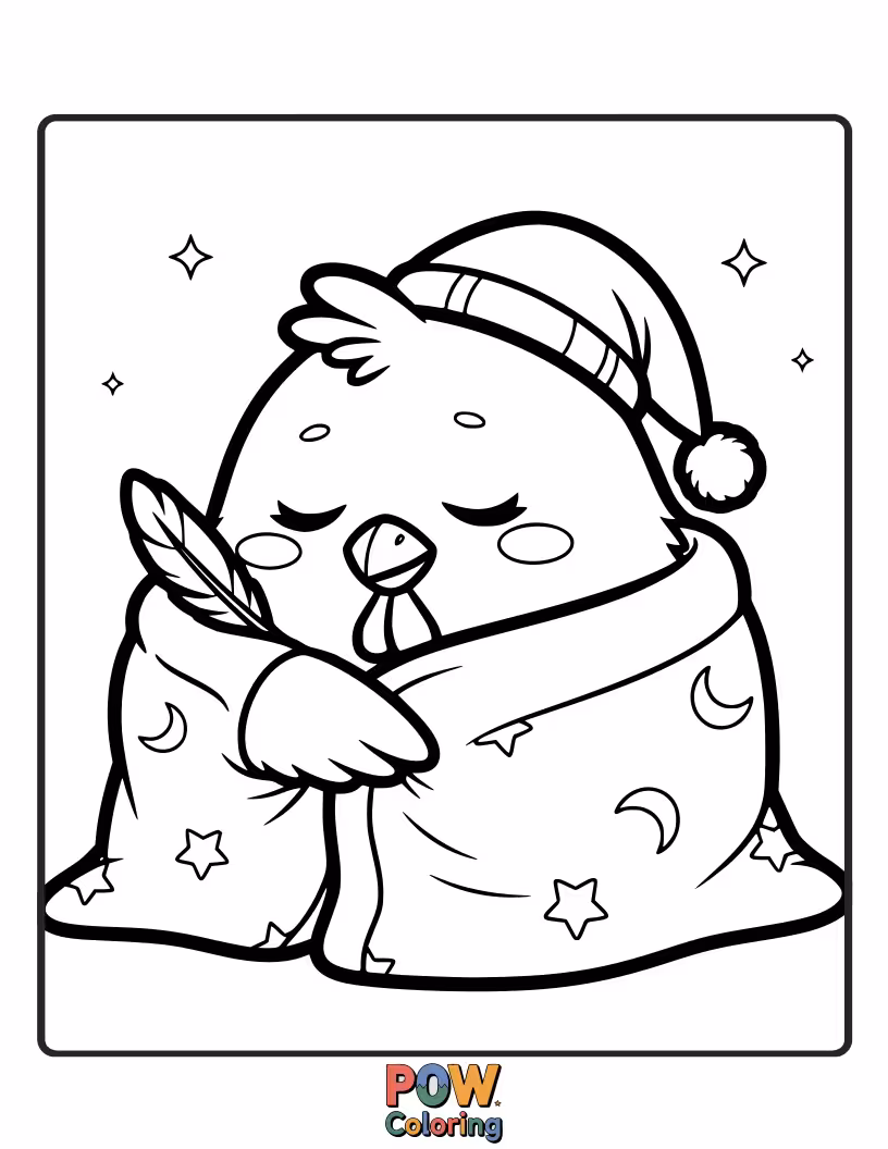 Free coloring page of A cozy chicken nestled in a fluffy cloud, dreaming sweet dreams. Use soft, pastel colors for ultimate comfort.