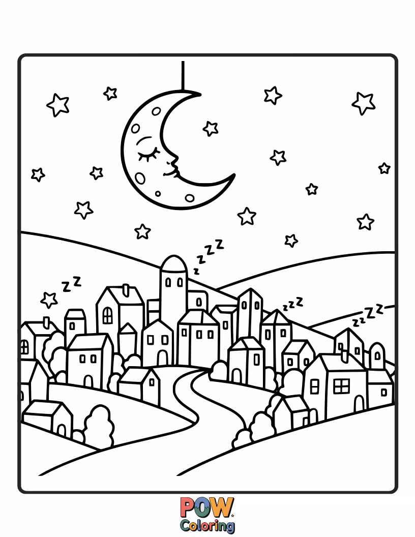 Free coloring page of A charming cityscape under a starry night sky, with cozy houses and gentle moonbeams.