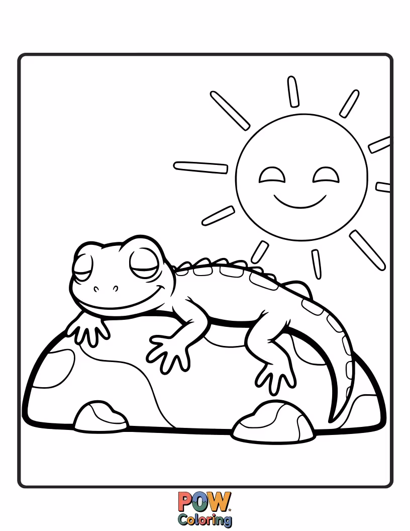 Free coloring page of A content lizard basking in the sun on a warm rock, eyes closed in pure relaxation.