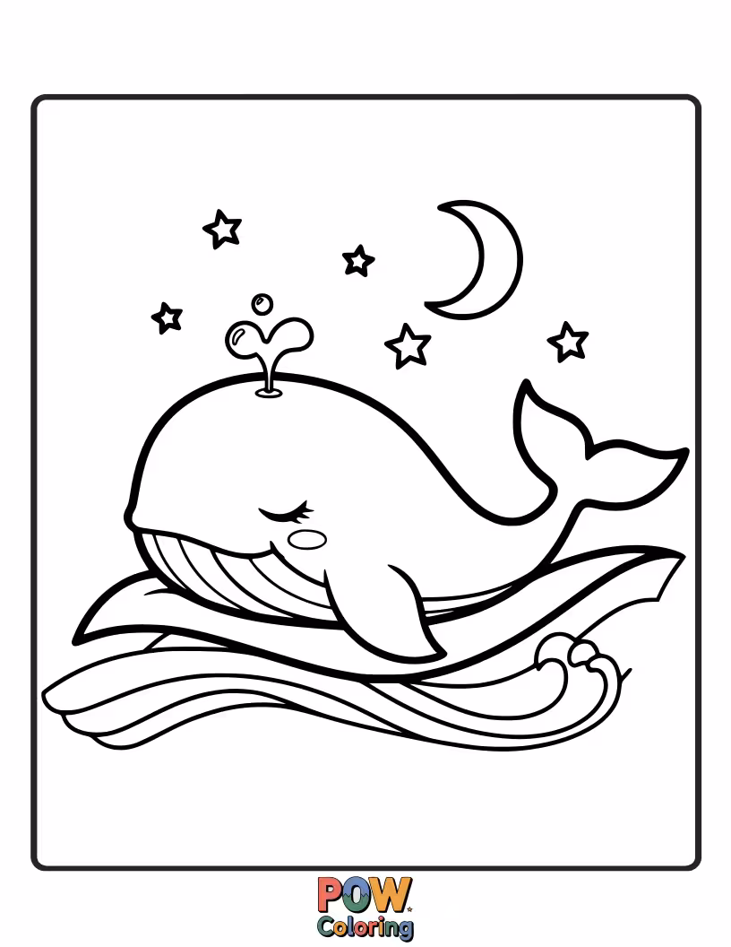 Free coloring page of A very tired whale curled up comfortably, dreaming of fish and drifting through a starry night sky.