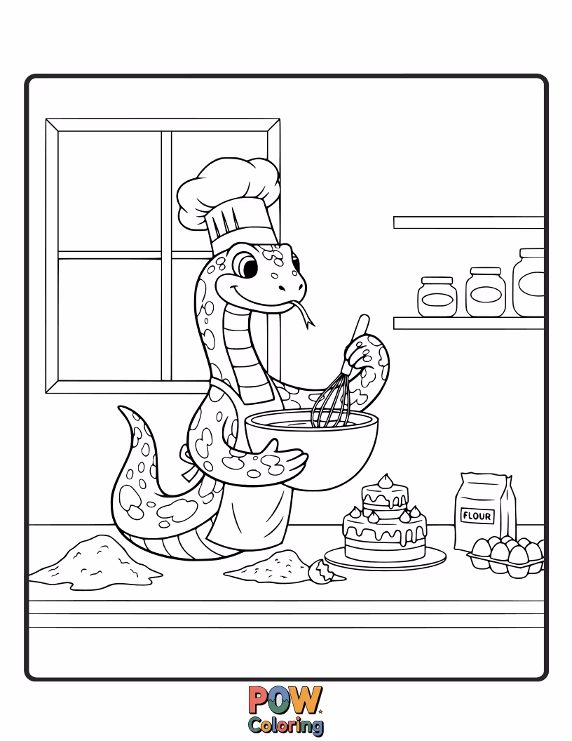 Free coloring page of A domestic snake happily baking a cake, surrounded by baking supplies.