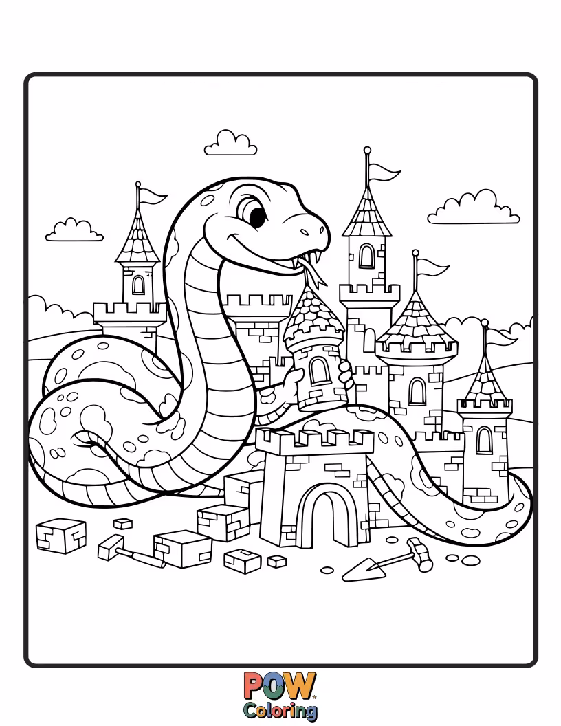 Free coloring page of A busy snake meticulously building a sandcastle, a vacation delight.