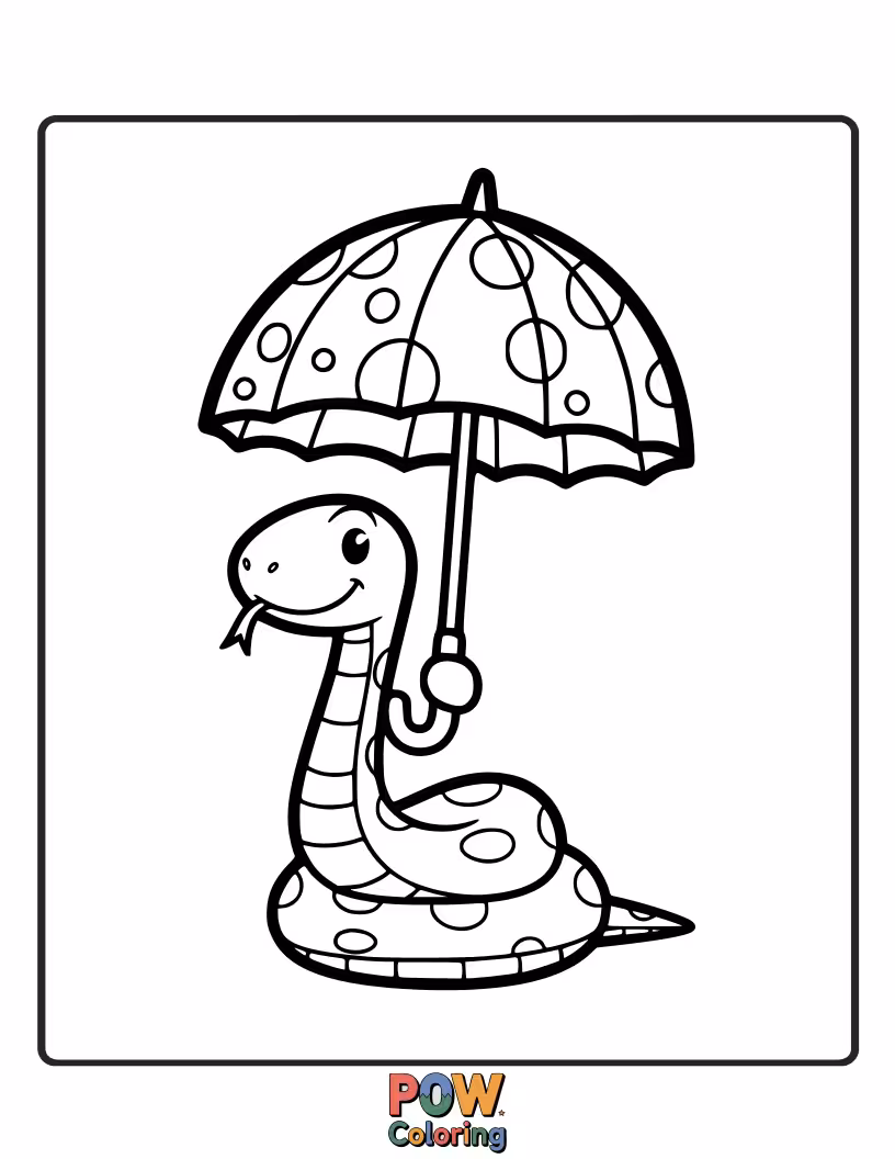 Free coloring page of A prepared snake holding a large umbrella, sheltering from a gentle rain.
