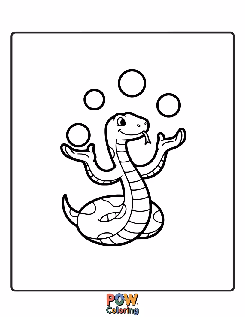 Free coloring page of An agile snake expertly juggling colorful balls, a circus of fun.