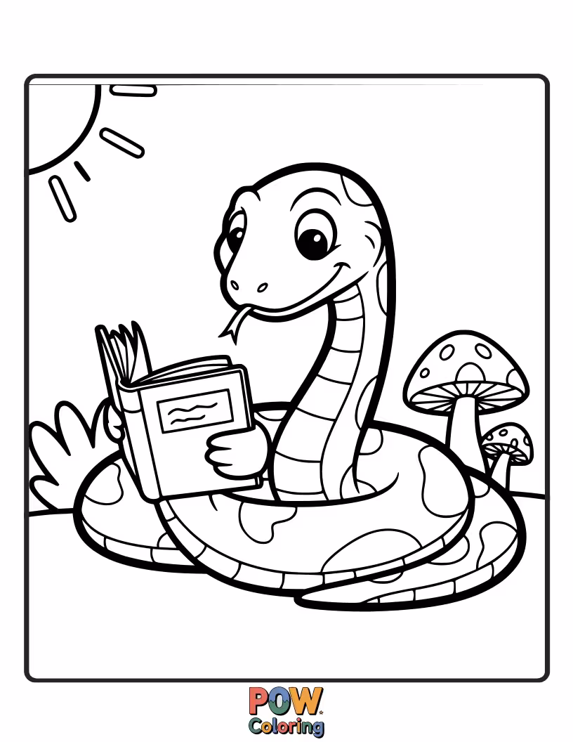 Free coloring page of A scholarly snake engrossed in a captivating story, with a pile of books.