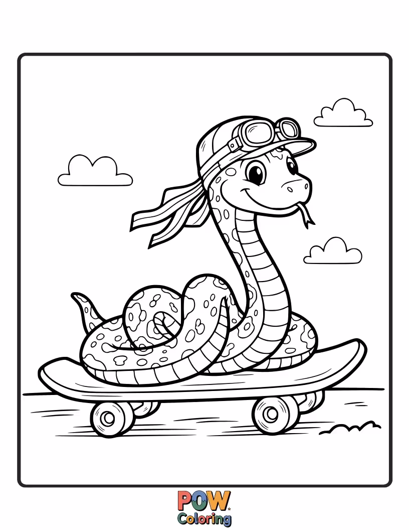 Free coloring page of A daring snake cruising on a skateboard, showing off its cool moves.