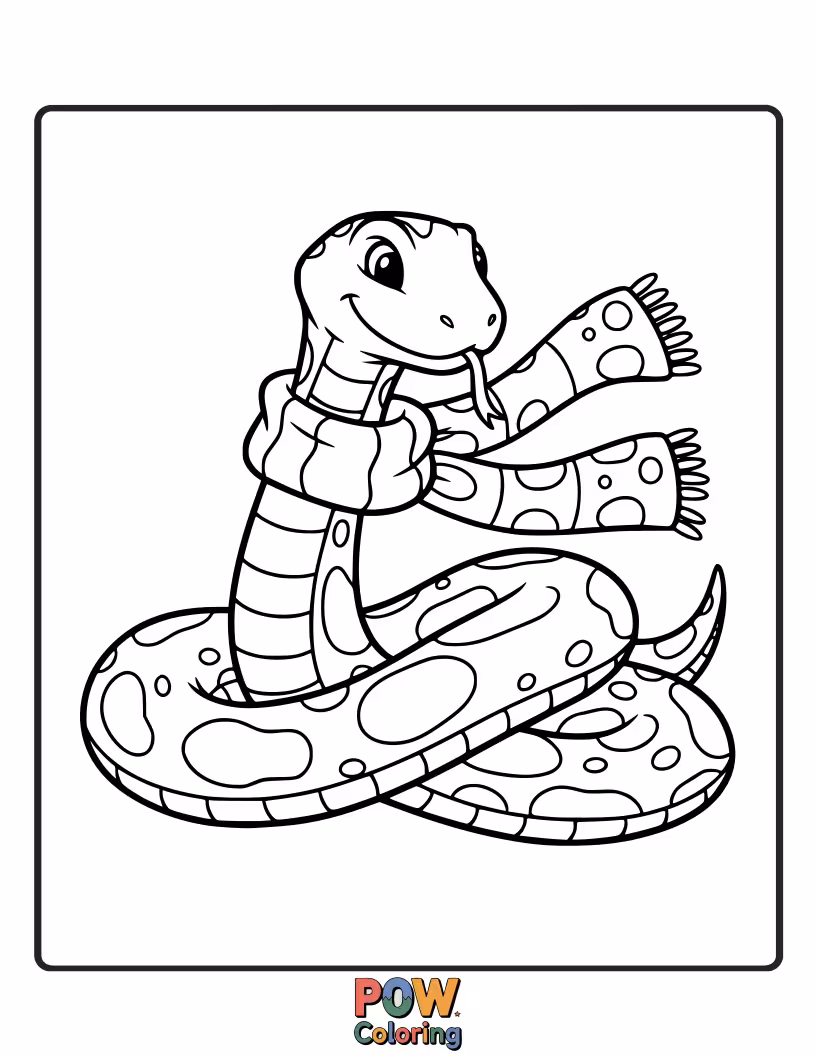 Free coloring page of A cozy snake wrapped in a fashionable scarf, perfect for a chilly day.