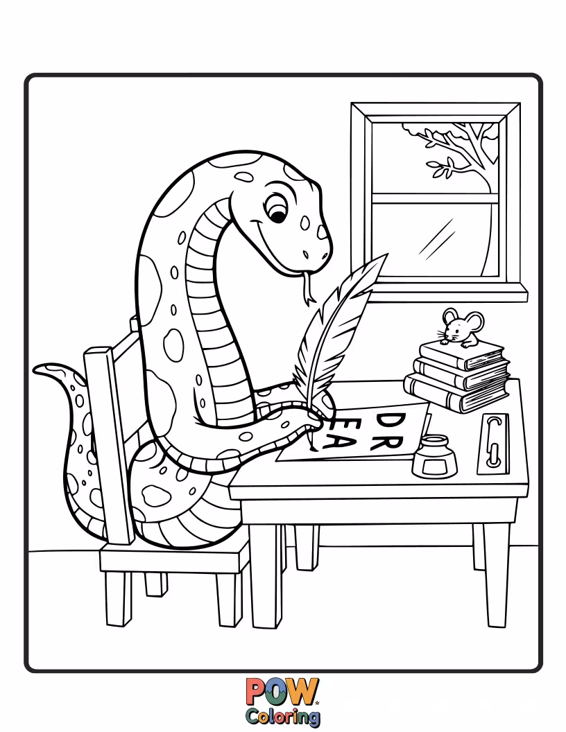 Free coloring page of A thoughtful snake writing a heartfelt letter, sharing its feelings with friends.