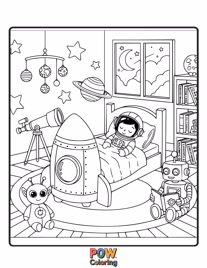 Free coloring page of Decorated with planets, rockets, and a telescope, this room is for the little astronaut ready for cosmic adventures.