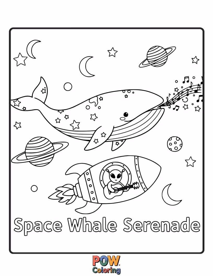 Free coloring page of A cosmic whale drifting through nebulae, with planets for eyes and comets trailing its tail in a starry expanse.