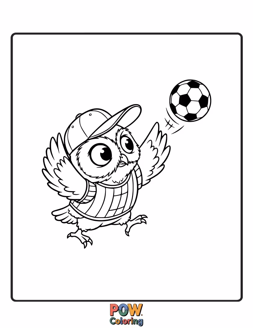 Free coloring page of An energetic owl ready to play, holding a soccer ball or basketball.