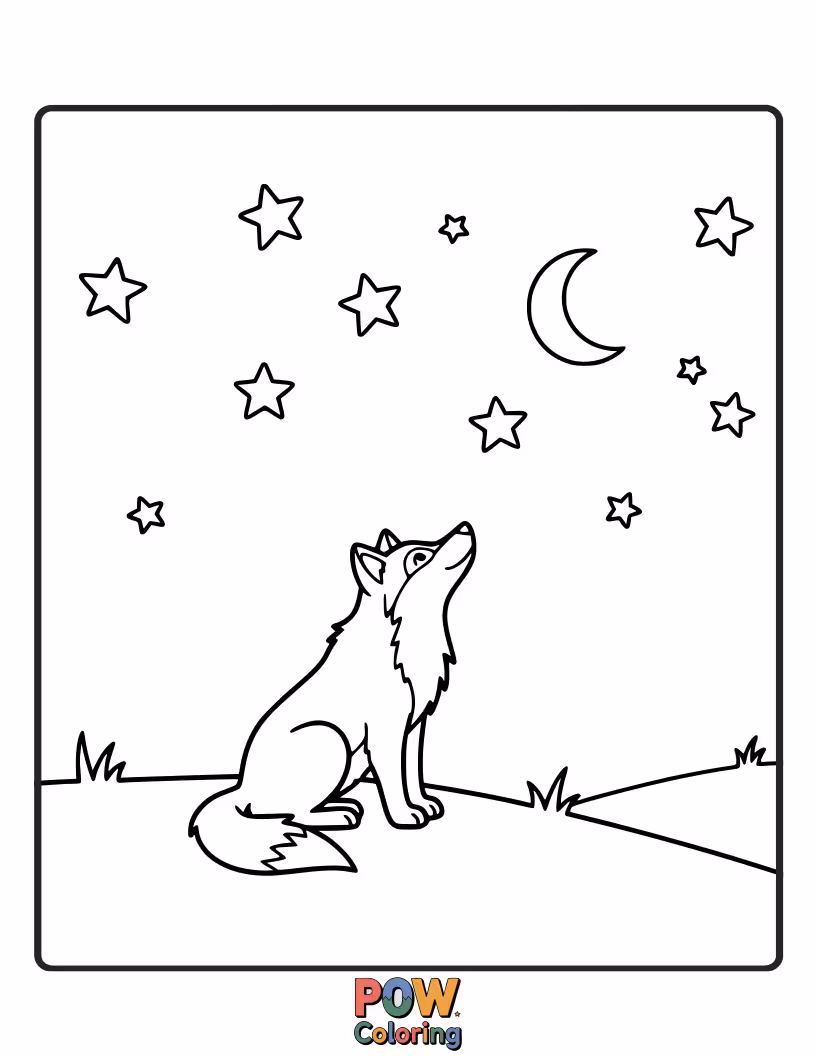 Free coloring page of A curious wolf lying on its back, pointing a paw at a constellation.