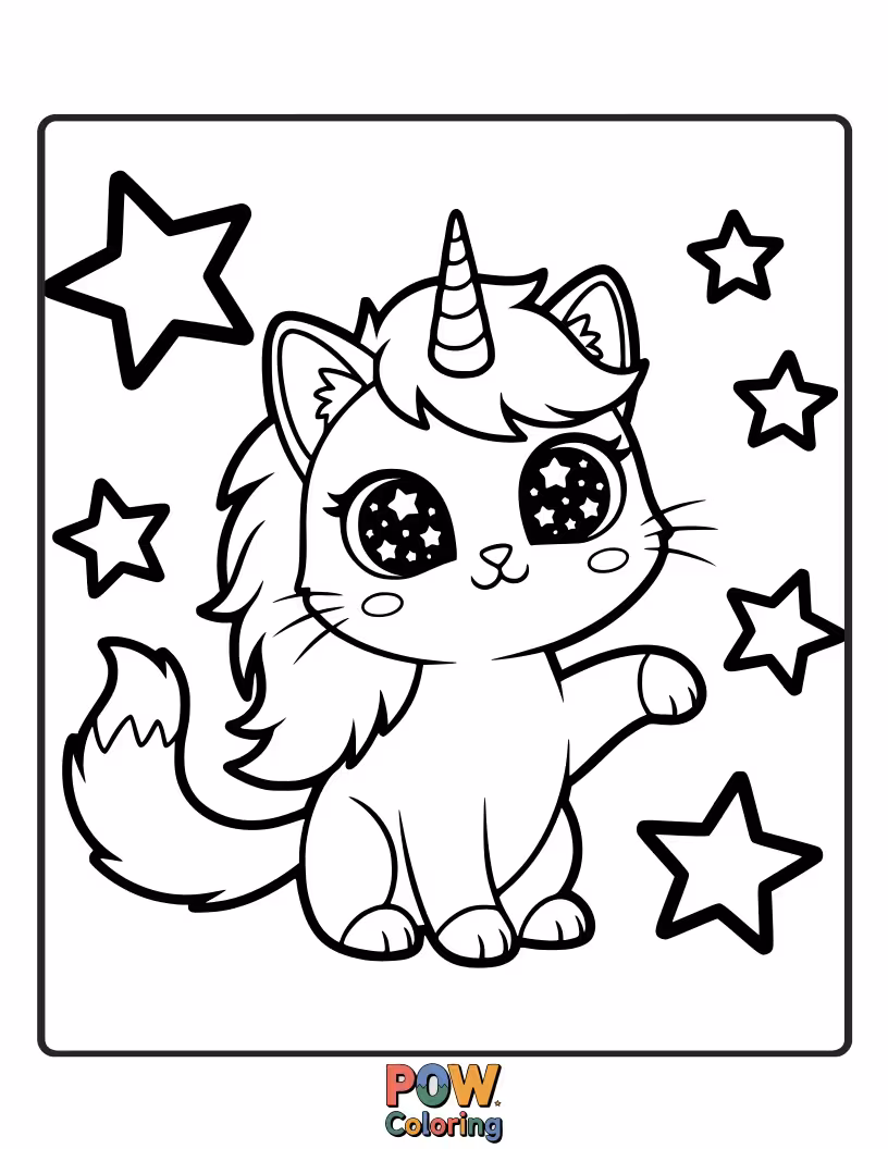 Free coloring page of A wide-eyed unicorn cat with constellations swirling in its pupils, gazing up at a sky filled with glowing celestial bodies.