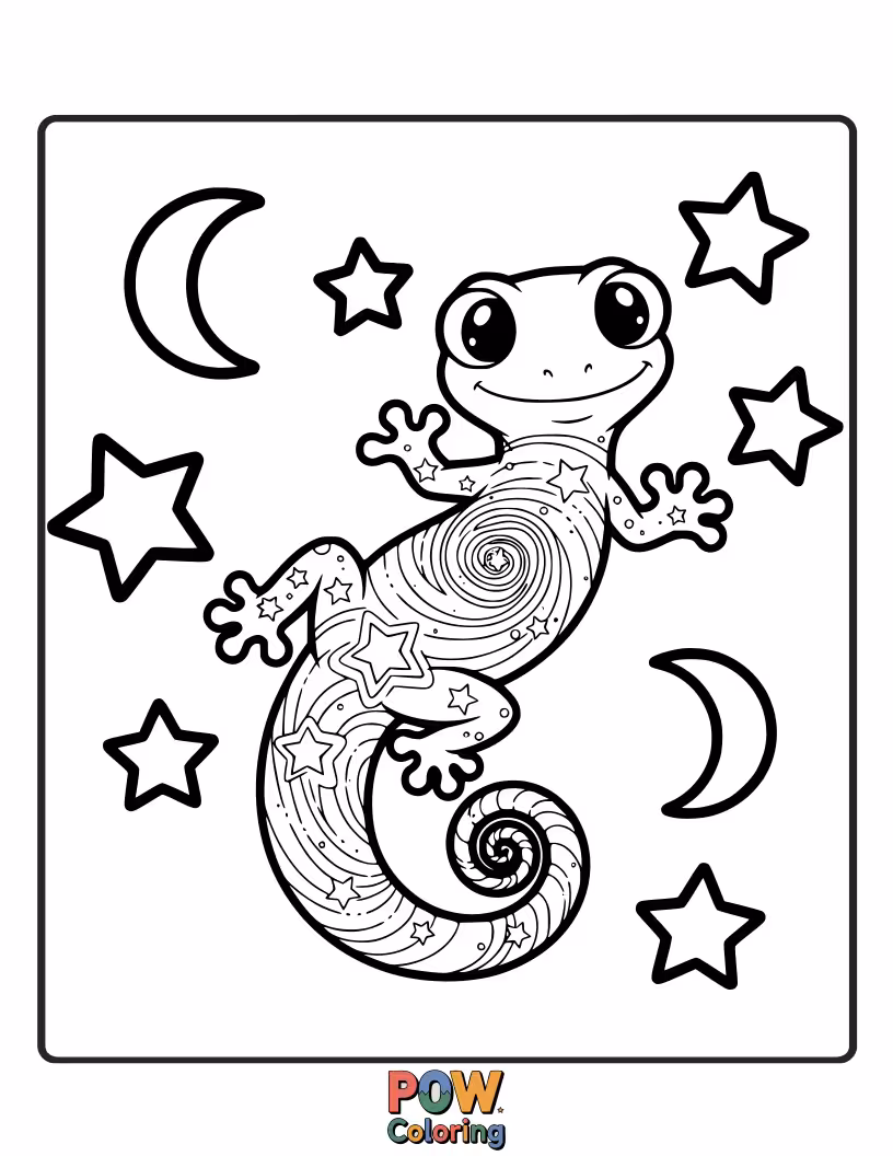 Free coloring page of A gecko gazing at a starry night sky filled with nebulae and planets.