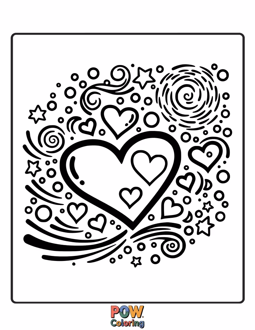 Free coloring page of A peaceful night scene with a crescent moon and scattered hearts twinkling like stars. Magical slumber.